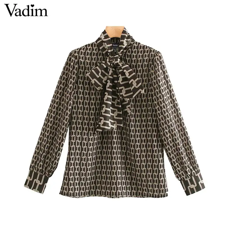 Vadim Женская винтажная блузка с принтом цепей длинный рукав галстук бабочка