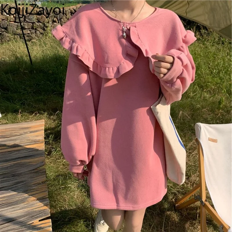 

Koijizayoi Woman Plus Velvet Sweatshirt Dress Winter Thick Warm Long Sleeve Hoodies Casual Female Lapel Mini Dress Plus Size 3XL