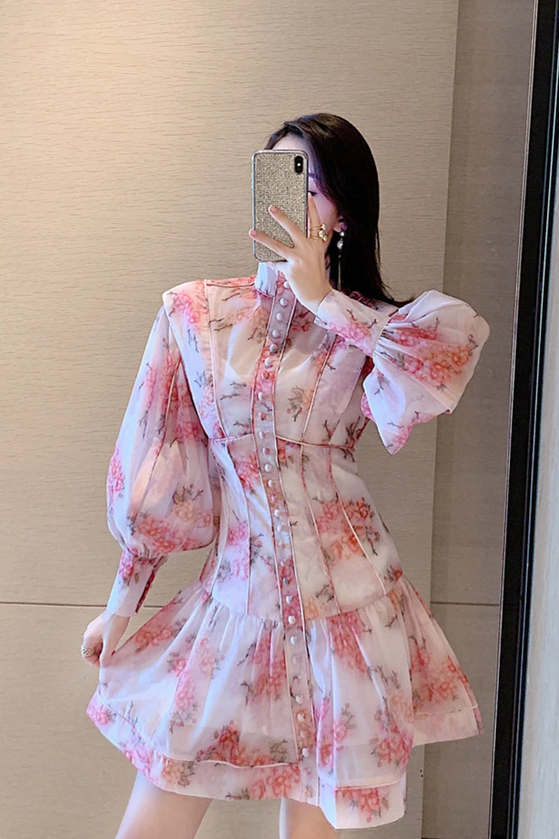 

Wavsiyier Party Long Sleeve Vintage High Waist Dresses Women Luxury 2021 A-Line Boho Print Floral Elegant Mini Dress Spring Robe