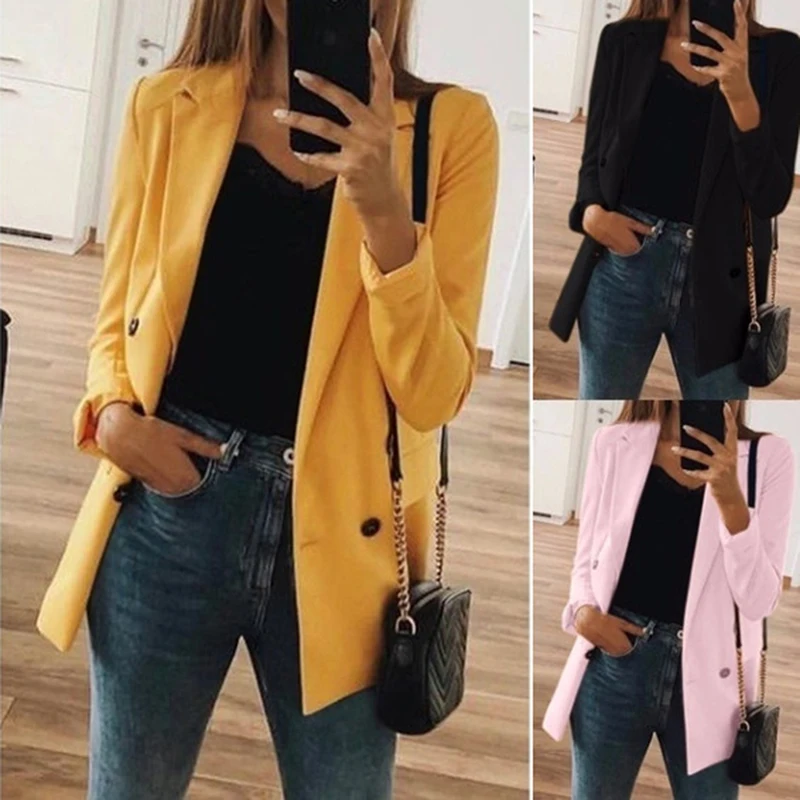 

Women 2021 Fashion Office Wear Pockets Blazers Coat Vintage Notched Collar Long Sleeve Female Outerwear Chic Tops
