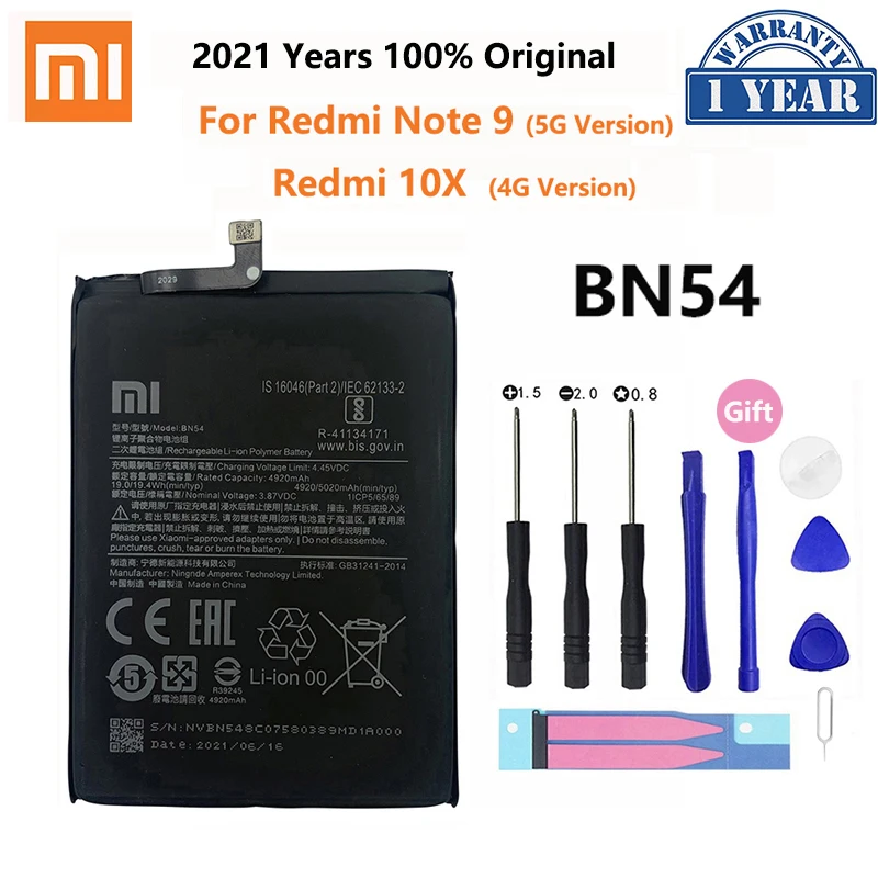 

100% Original Xiao Mi BN54 5020mAh Phone Battery For Xiaomi Redmi Note 9 5G / Redmi 10X 4G Replacement Batteries Bateria