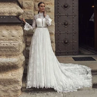 thinyfull 2021 high neck long sleeve lace wedding dresses hollow back a line bride dresses vestido de novia 2020