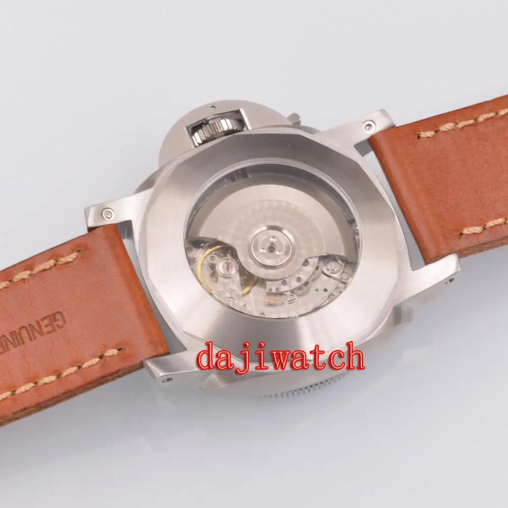 47 мм Parnis черный циферблат светящиеся механические мужские часы кожаный ремешок