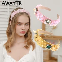 awaytr baroque big alloy pink flower hairband crystal pearl crown headband rhinestone headdress for women wedding hair jewelry