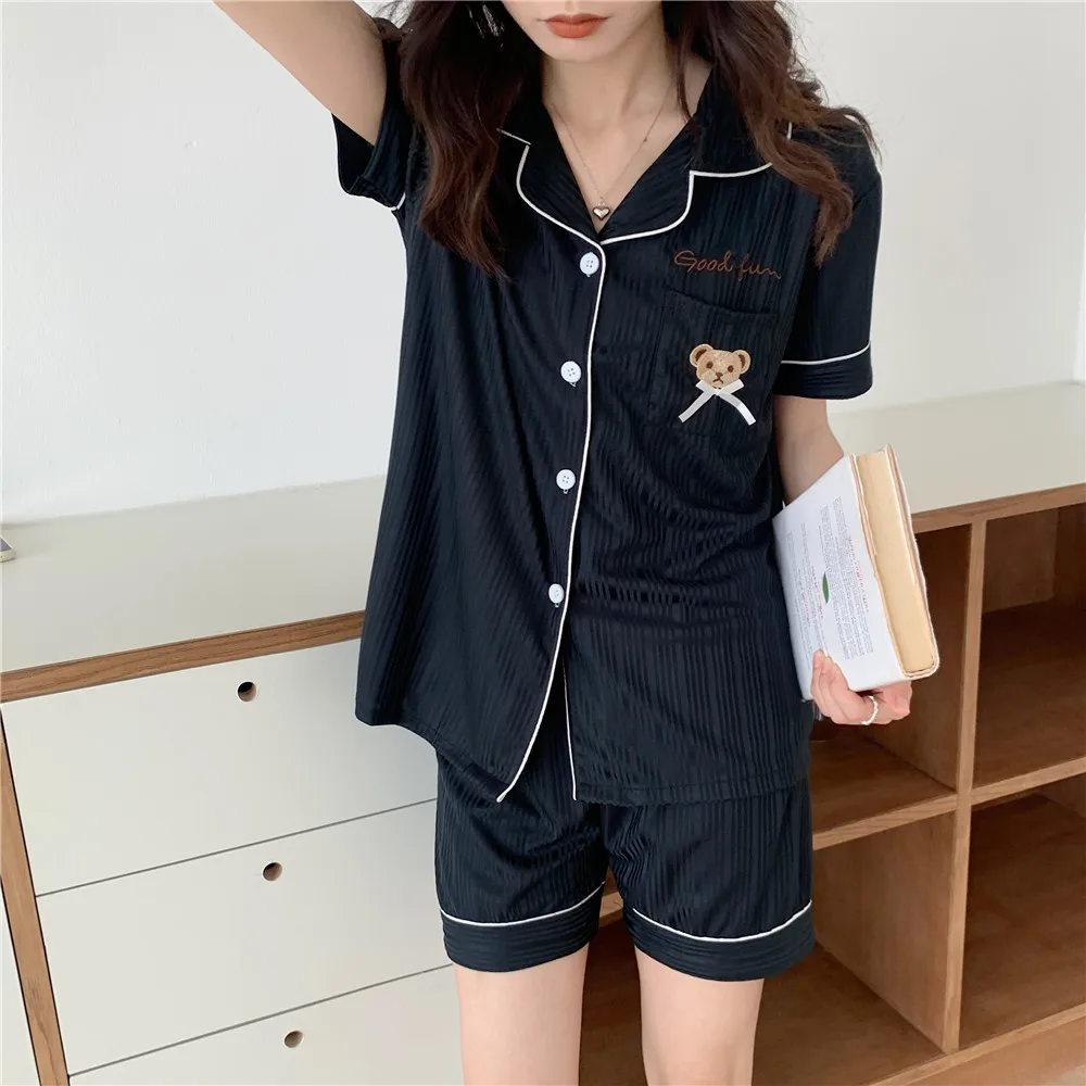 CAIYIER 2021 Japanese Summer Bear Print Women Pajamas Set Cotton Simple Short Sleeve Sleepwear New Ladie Home Service Suit M-2XL