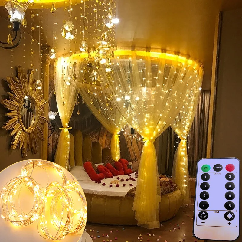 

Curtain Led Icicle Lights Romantic Control String Lights Chandelier Pendant Garden Party Christmas Tree Decoration Bedroom Gift