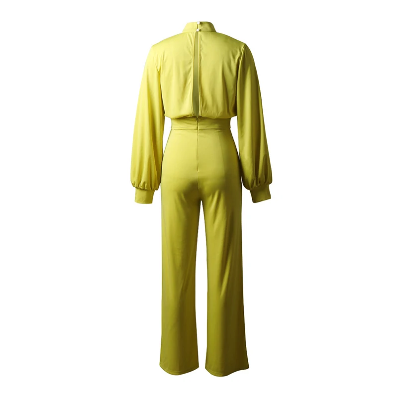 

Turtleneck Office Lady Yellow Jumpsuit For Women 2021 Black White Wide Leg Jumpsuits Spring Autumn Playsuit Long Sleeve Overalls