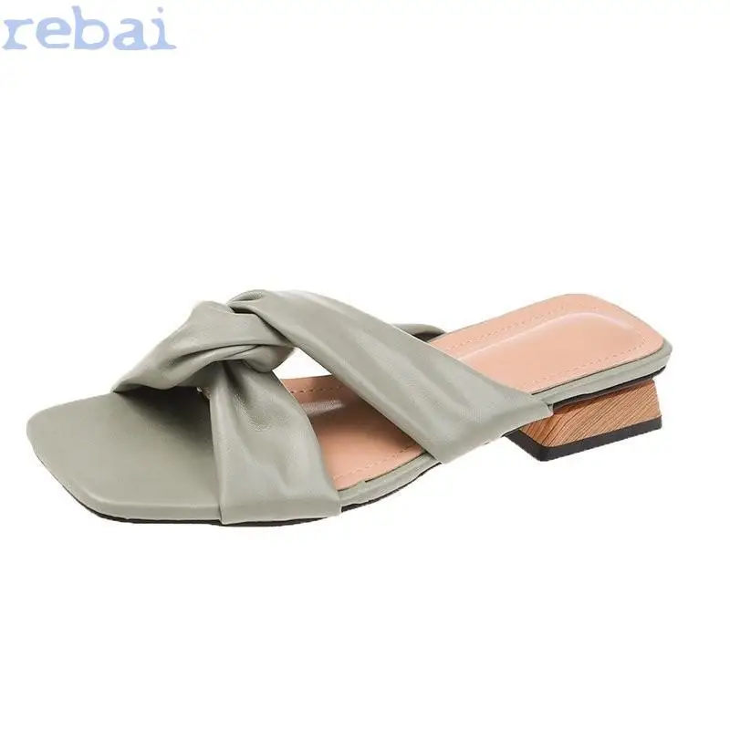 

2021 Summer Square Toe Women Slippers Fashion Thin High Heel Ladies Mules Elegant Female Outside Slides Sandal Shoes