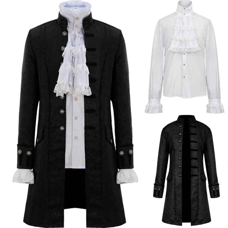 

Men Steampunk Trench Coat and Shirt Set Vintage Prince Overcoat Medieval Renaissance Jacket Victorian Edwardian Cosplay Costume