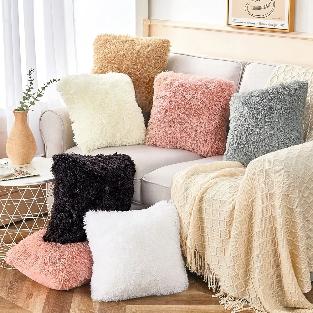 

1/2pcs Solid Soft Fur Plush Cushion Cover Sofa Pillow Case Home Decorative Living Room Bedroom Hug Shaggy Fluffy Covers 43x43cm