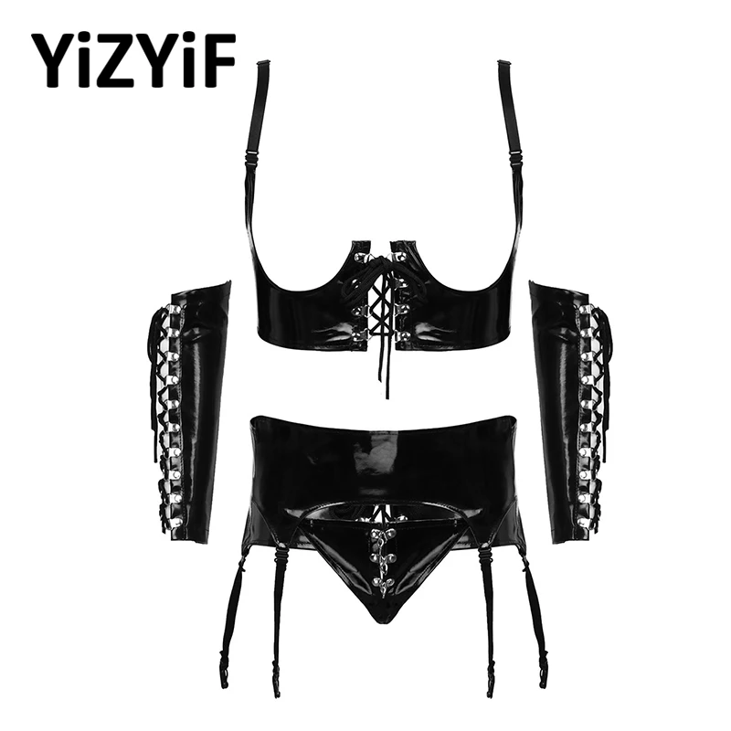 

4Pcs Sexy Lingerie Women Open Bust Underwired Corset Top Garter Panties G-string Briefs Sexy Patent Leather Erotic Lingerie Set