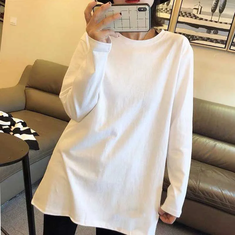 

White Shirt Female Autumn and Winter Fashionable Pure Cotton Long Sleeve T-shirt Female Mid-length Korean-style Loose