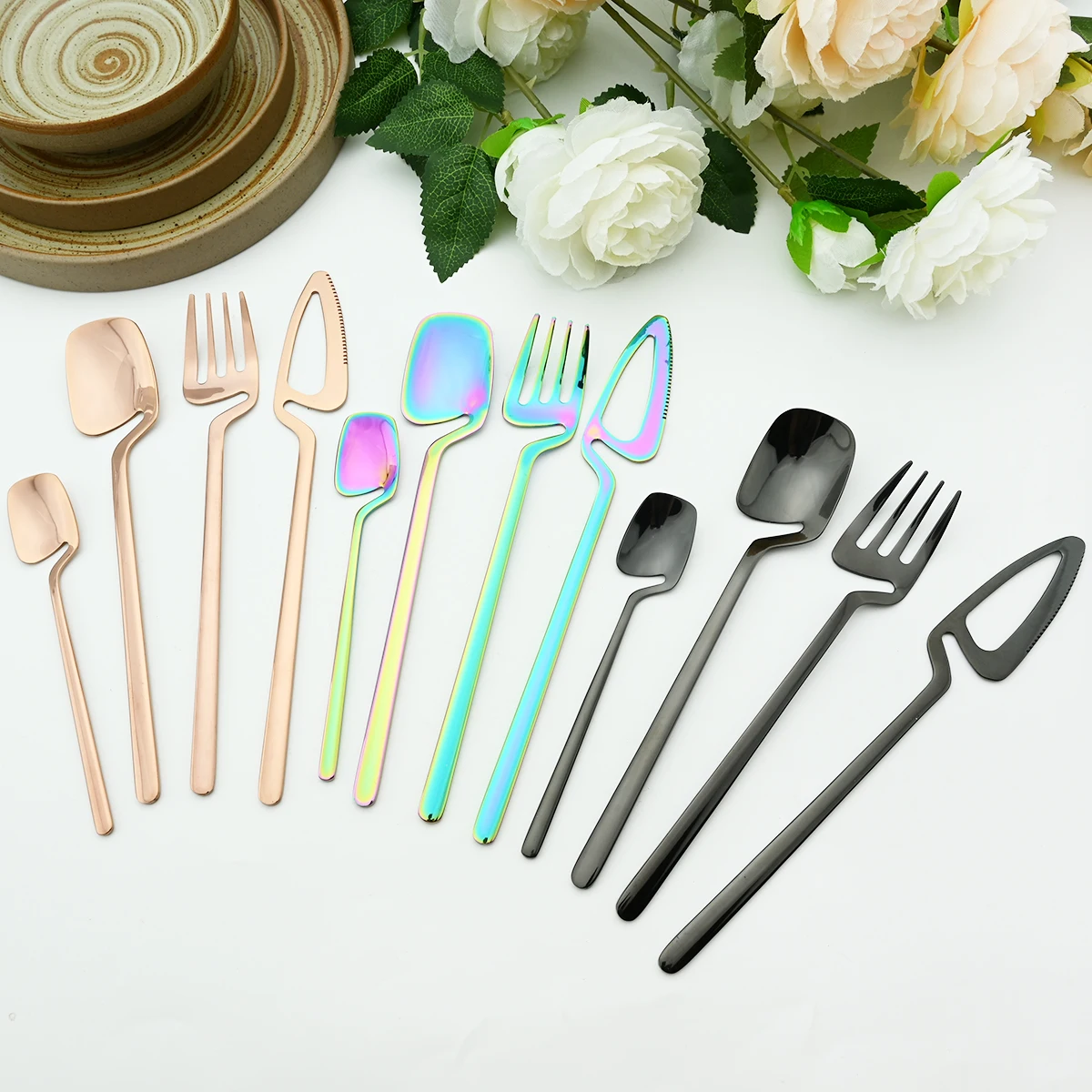 

6Set/24Pcs Colorful Cutlery Set Stainless Steel Dinnerware Knife Fork Spoon Dinner Tableware Bar Silverware Set Kitchen Flatware