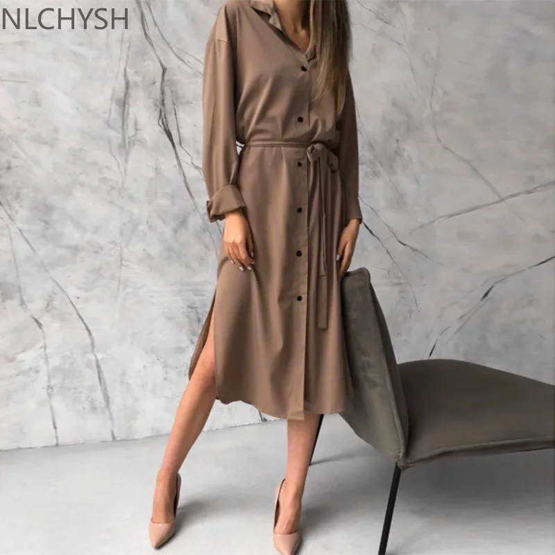 

Женское атласное платье средней длины, Повседневное платье на пуговицах с поясом, отложным воротником и длинным рукавом, осень 2020