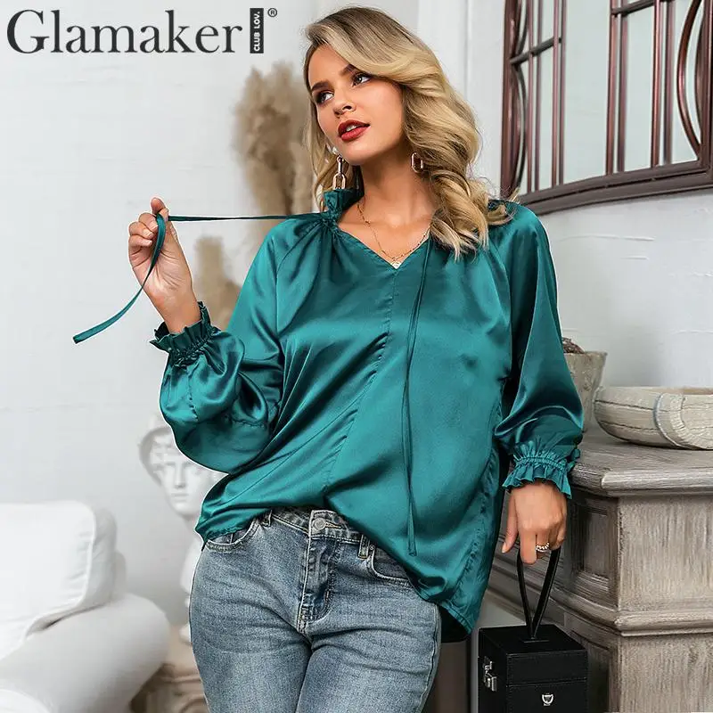 Glamaker, атласная, с длинным рукавом, сексуальная женская блузка, рубашка, v-образный вырез, для офиса, леди, Элегантная блузка, женская, осенняя, модная, шикарная блузка, топы