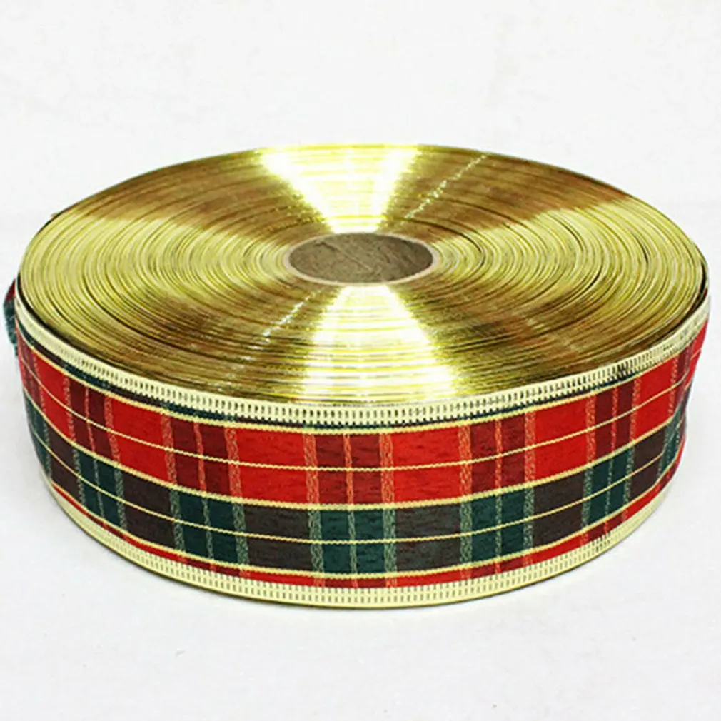 

Christmas Ribbon Wired Traditional Red Tartan Plaid Christmas Ribbon Gold Edge Yards Roll For Floral Craft Decoration