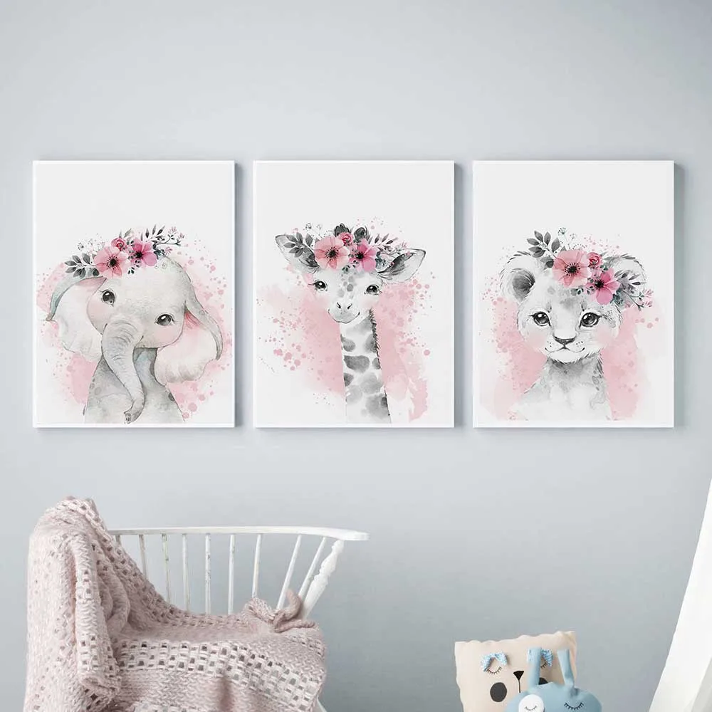 

Baby Animal with Pink Flowers Giraffe Lion Wall Art Nordic Posters and Prints Canvas Painting Wall Pictures for Kids Room Decor