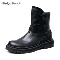size 43 44 soft full grain leather black winter mid calf boots men retro slip on casual all match style