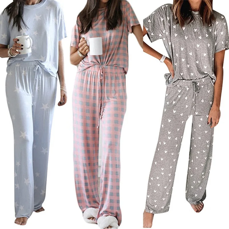 Summer Fashion Women Home Pajamas Set  Short Sleeve Round Collar Tops + Trousers Two Piece Sets Ladies Casual Suits