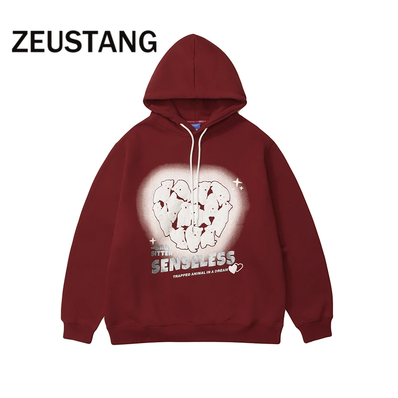 

Zeustang Fleece Fashion Hooded Sweatshirts Film Print Pullover Hoodies Streetwear Casual Loose Outerwear