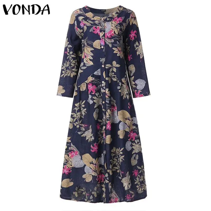 VONDA, модное Платье макси с цветочным принтом, женское платье с v-образным вырезом и длинным рукавом, богемное длинное платье размера плюс, женское платье, Vestidos 5XL
