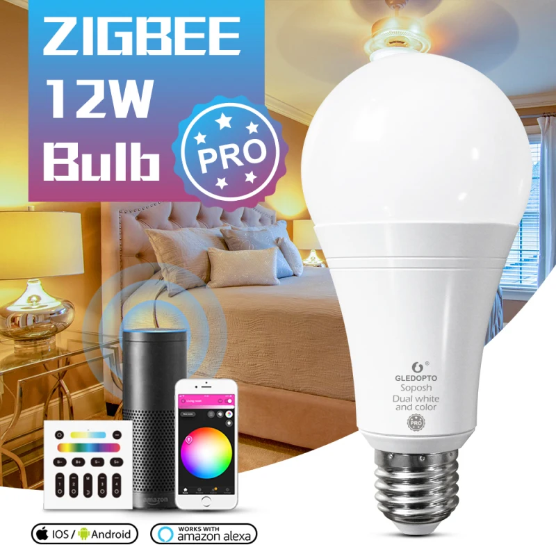 

GLEDOPTO Smart Bulb Pro E27/E26 ZigBee 3.0 12W RGB+CCT LED App/Voice/RF Remote Work with Amazon Echo Plus Alexa SmartThings
