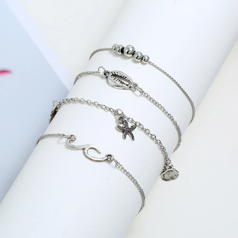 4 Pcs/set Simple Personality Bead Shell Pendant Silver Chain Alloy Multi-layer Anklet For Women Beach | Украшения и аксессуары
