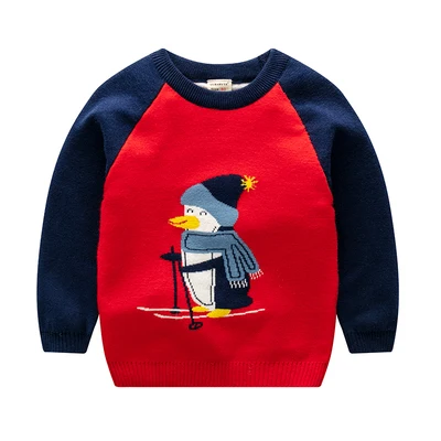 penguin red Свитера для маленьких мальчиков от 2 до 8 лет трикотажная одежда пуловеры с круглым вырезом хлопковые свитера с рисунком динозавра для девочек Детский свитер - Цвет: penguin red
