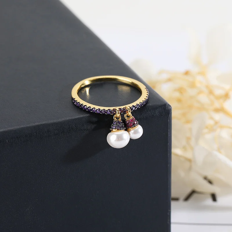 

100%925 Sterling Silver New Pearl Purple Ring Female Golden Yellow Retro Temperament Index Finger Ring