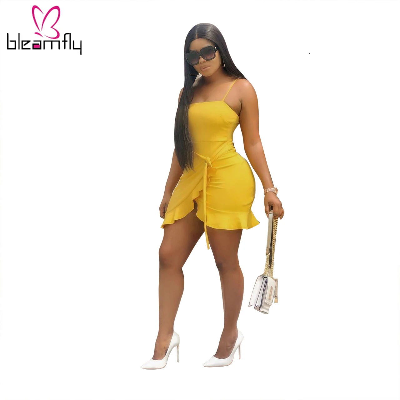 2019 женское летнее Мини-Платье на тонких бретельках с высокой талией и поясом