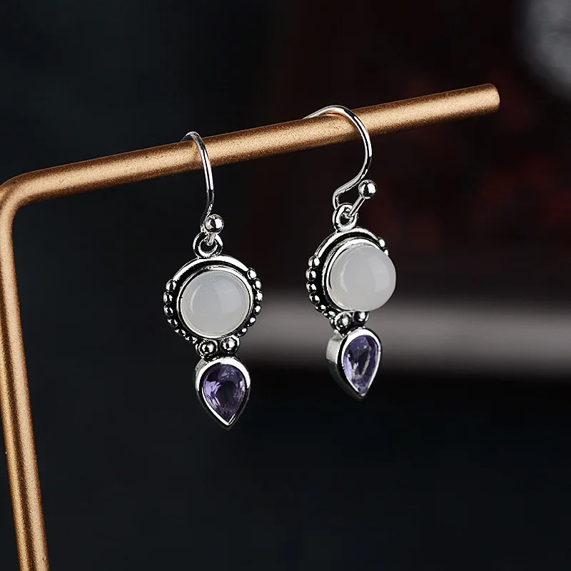 

BLACK ANGEL 925 Sterling Silver Moonstone Gemstone Drop Earrings For Women Amethyst Dangle Earrings Fine Jewelry Wholesale