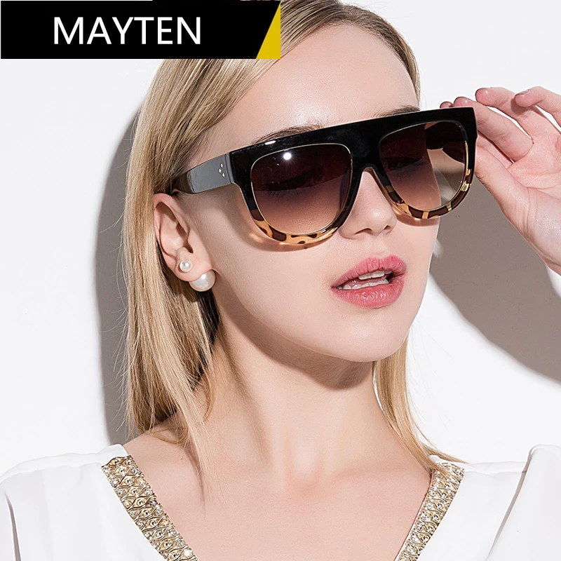 MAYTEN Lady Flat top Oversized Sunglasses Women Female Big Frames UV400 Cat Eye Sunglass Electroplated Rivet Sun Glasses Shades