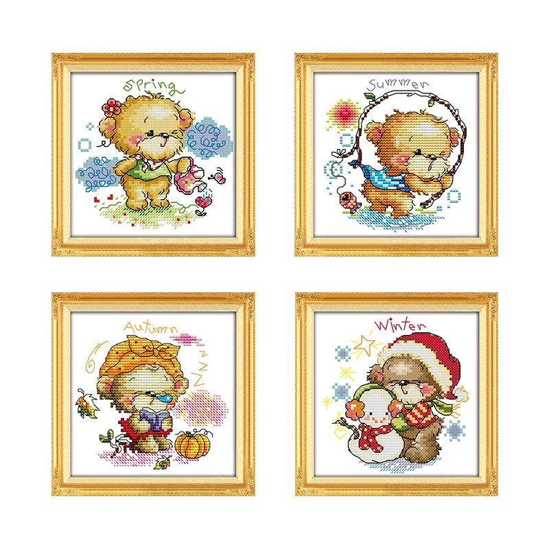 Cross Stitch Kit Stamped The Four Seasons Little Bear Fabric Patterns 11CT 14CT Printed Counted Needlework Home Decoration Craft