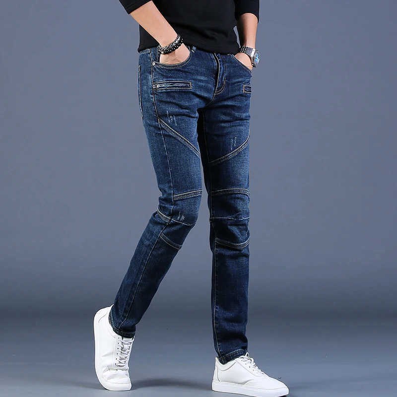 Autumn New Men Blue Patchwork Jeans Fashion Motorcycle Pants Slim Fit Straight Denim Trousers