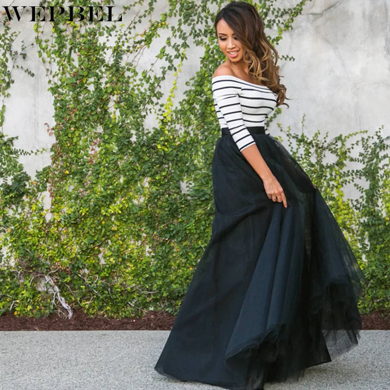 

WEPBEL Women's Fashion Sexy Suit Spring and Summer Leisure Half Sleeve Slash Neck Top + High Waist Mesh Pleated Skirt Suit