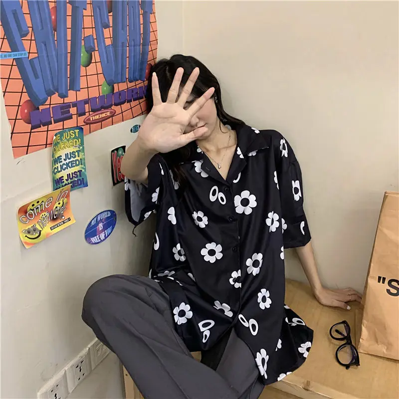 

Shirts Women Flower-printed Summer Short Sleeve Large Size 3XL Loose Ins Chic Leisure Oversize Ladies Tops Teens Korean New BF