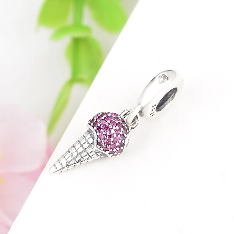 

100% 925 Silver Ice Cream Pink Cubic Zircon Pendant Bead Fit Original Pan Charm Bracelet Bead Making Berloque 2020 New Style