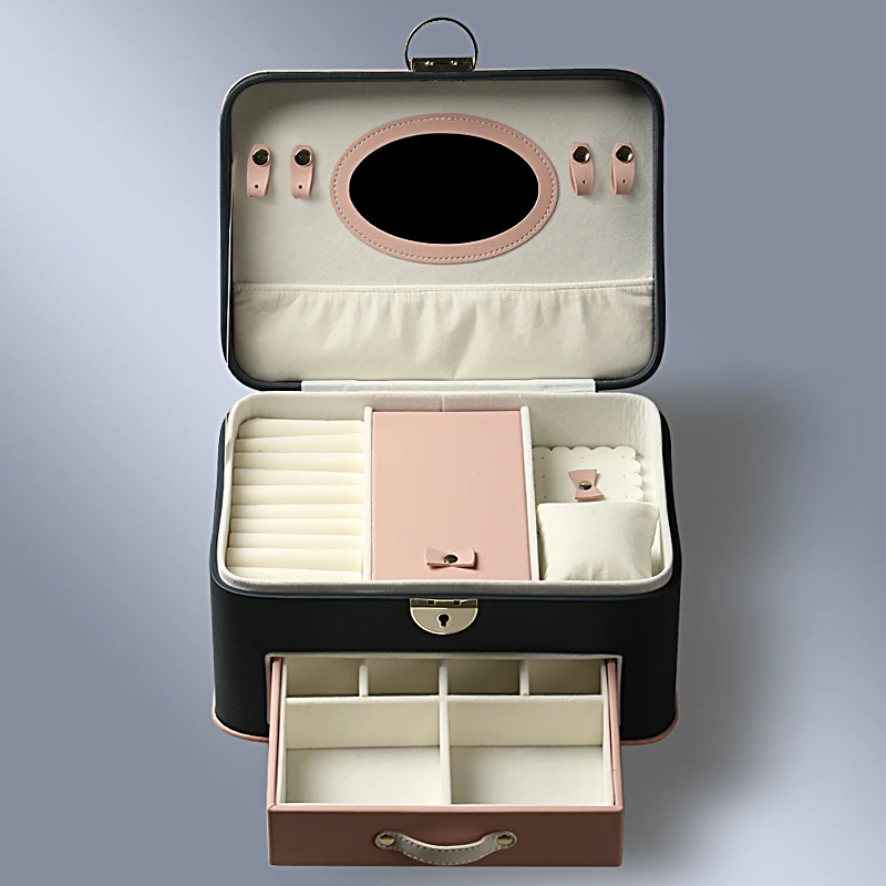 

High-grade leather multi-layer large jewelry box, jewelry storage box, earring box, jewelry storage box with lock, mirror