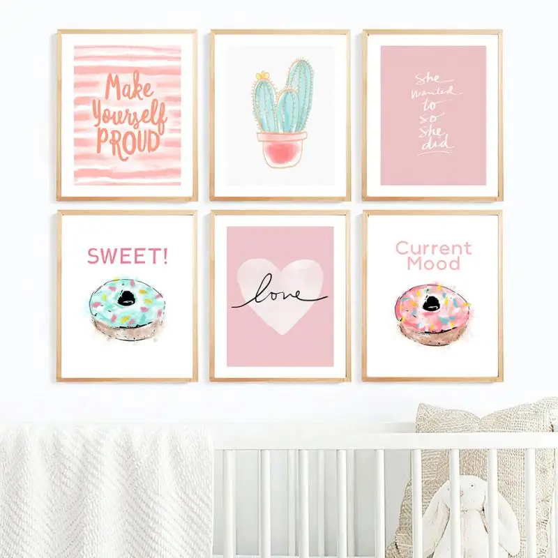 

Home Decor Nordic Posters and Prints Pink Canvas Painting Cartoon Donut Potted Cactus Pictures Living Room Girl Bedroom Wall Art