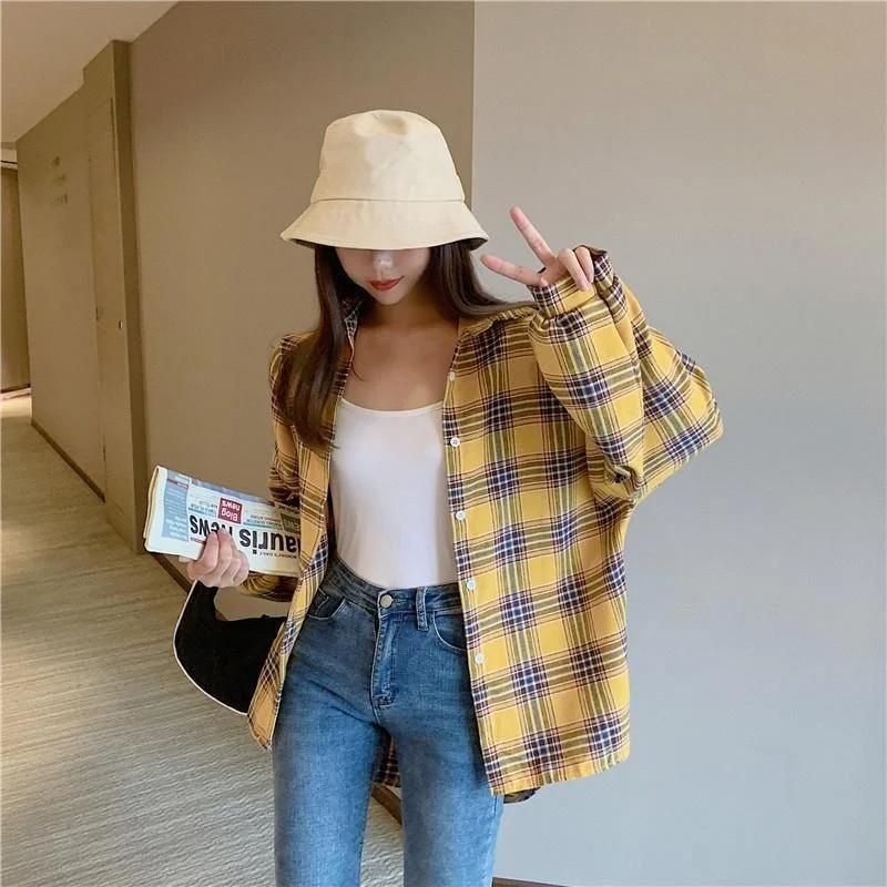 

Plaid Shirts Women Lantern Sleeve Cardigan Vintage Top Pink Purple Checkered Beautiful Blouse Fashion Button Up Oversize