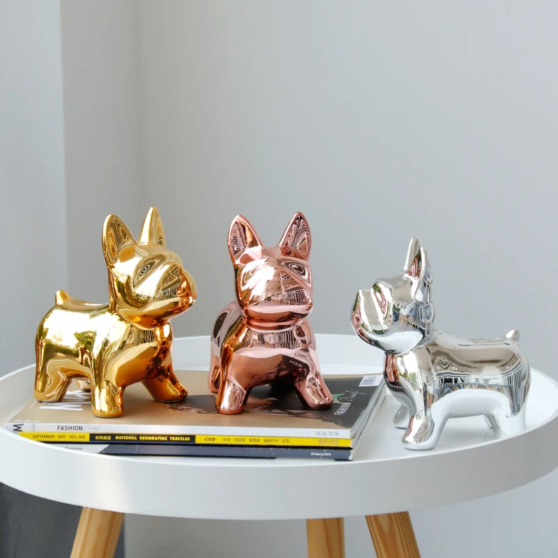 

Creative French Bulldog Ornaments European Ceramic Piggy Bank Desktop Plating Golden Dogs Money Box Living Room Decoration Gifts