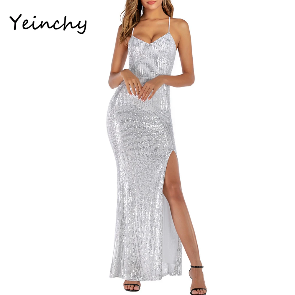 

Yeinchy ladies v Neck stretch Sequins Women sexy Maxi Dresses Elegant Sleeveless SPLIT backless Party bodycon Dresses FM6186
