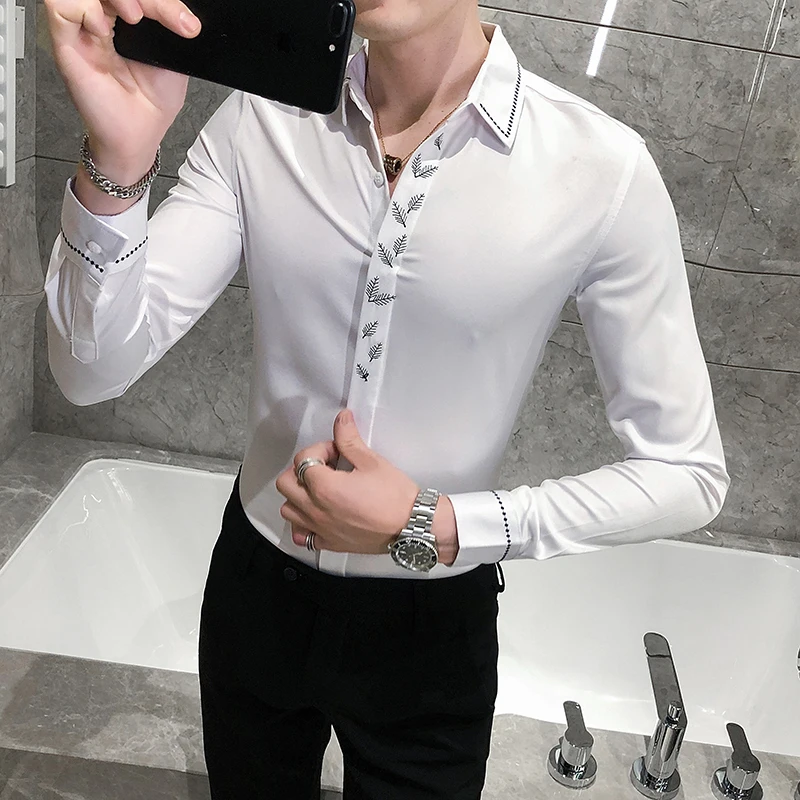 Официальная рубашка с длинным рукавом для мужчин одноцветная планка вышивка