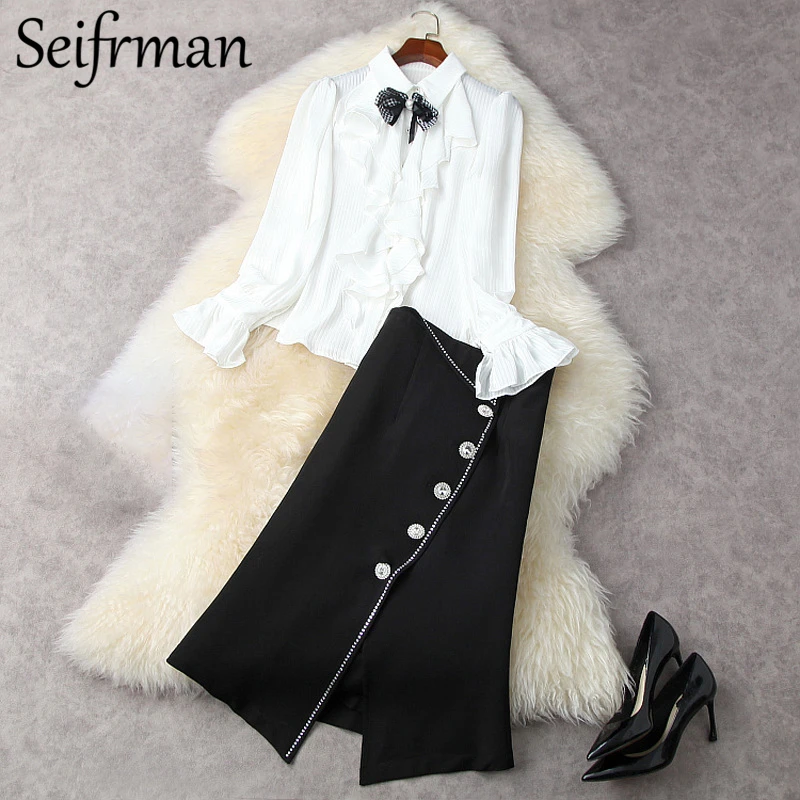 

Seifrmann New 2021 Summer Women Fashion Runway Skirt Set Flare Sleeve Ruffles Loose Shirts + High Waist Asymmetrical Midi Skirts
