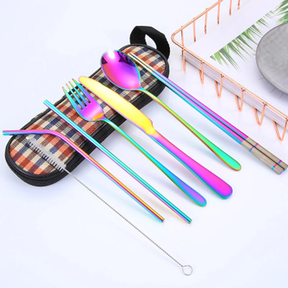 Набор дорожной посуды 8 в 1 из нержавеющей стали соломенная ложка вилка палочки