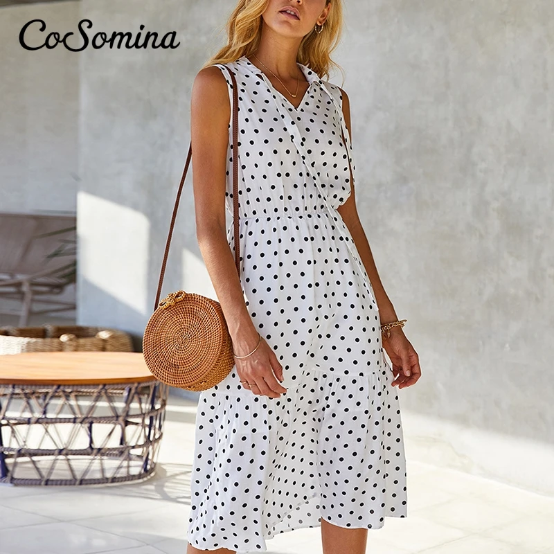 

CoSomina с узором в горошек; Платье без рукавов с принтом летнее элегантное платье-трапеция, в богемном стиле, на шнуровке, женское платье с высо...