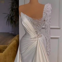 dubai arabic mermaid one shoulder long sleeves wedding dresses 2021 pearls beaded bridal gowns robe de mariee
