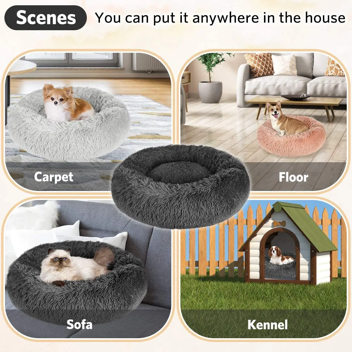 Круглая кровать собаки любимчика пончик дом мягкий удлиненный плюш для