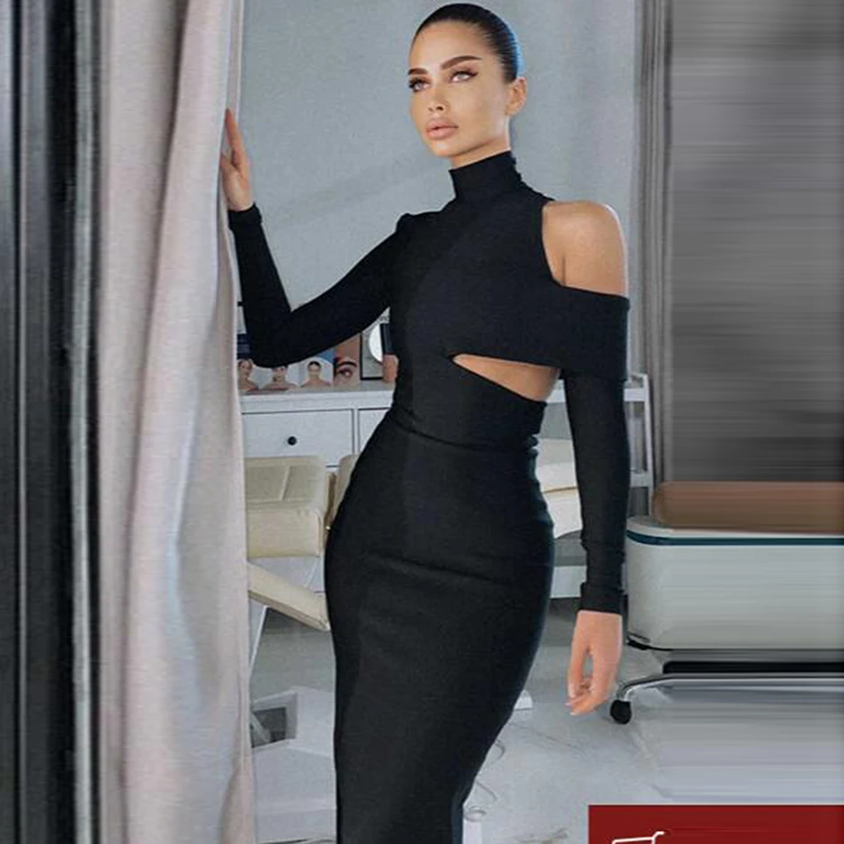 

Sexy Black Hollow Bandage Dress Women's Long Sleeve Bodycon Midi Club Celebrity Evening Party Vestidos 2021 Winter Fashion New