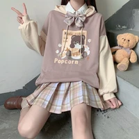 houzhou kawaii hoodie women spring autumn long sleeve tops japanese cartoon bear print patchwork preppy style clothes streetwear